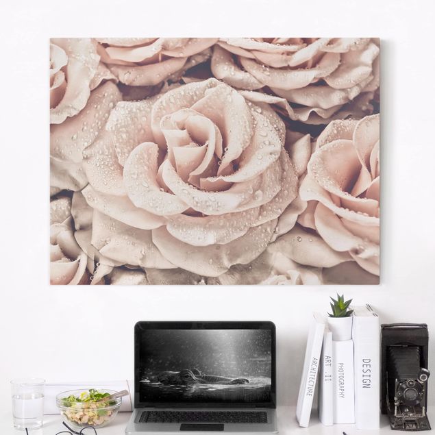 Wanddeko Küche Rosen Sepia mit Wassertropfen
