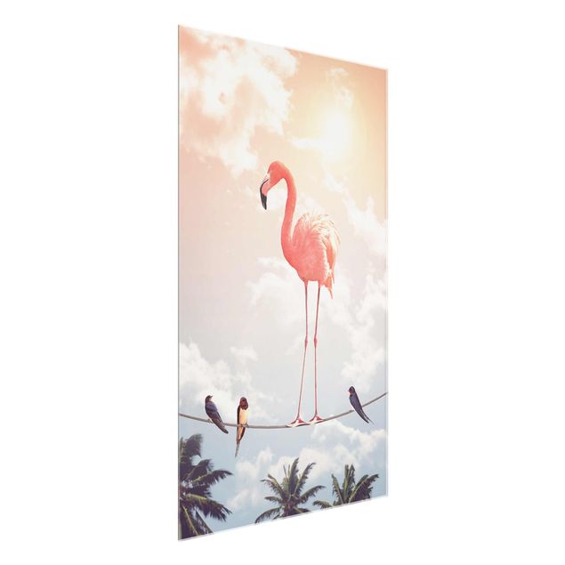 Glasbilder Blumen Motive Himmel mit Flamingo