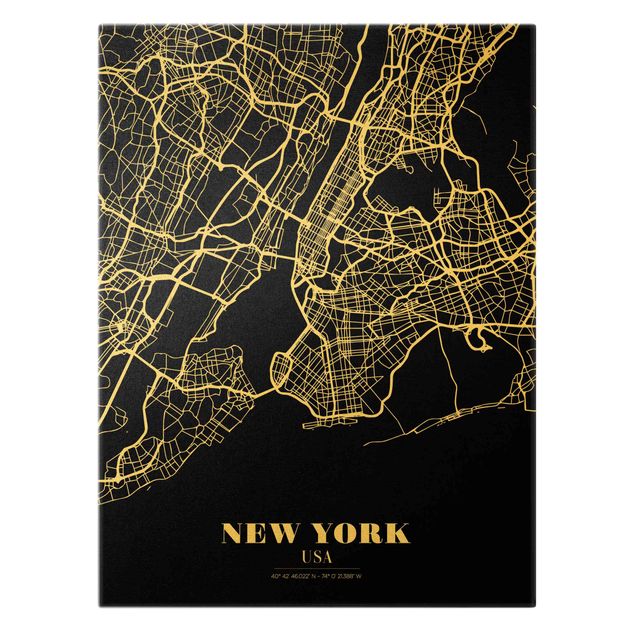 Wandbilder Schwarz Stadtplan New York - Klassik Schwarz