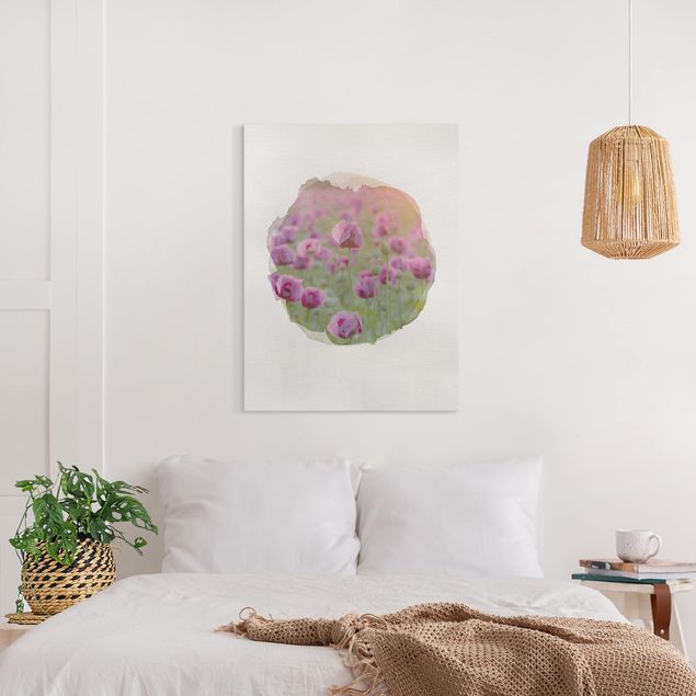 Wanddeko Küche Wasserfarben - Violette Schlafmohn Blumenwiese im Frühling
