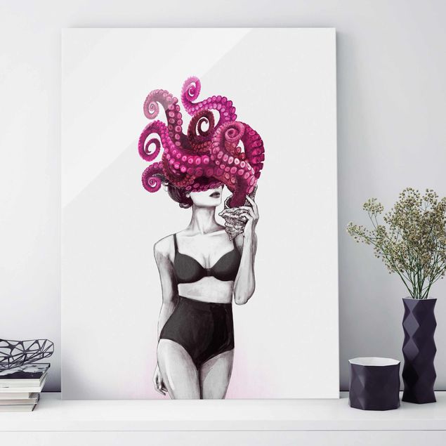 Glas Wandbilder Illustration Frau in Unterwäsche Schwarz Weiß Oktopus