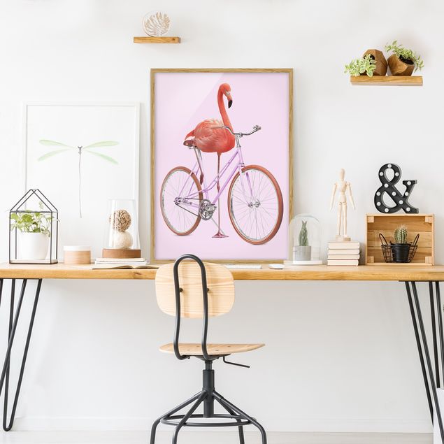 Wandbilder Kunstdrucke Flamingo mit Fahrrad