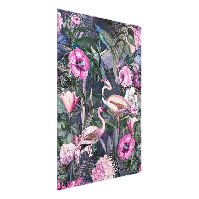 Glasbilder Blumen Bunte Collage - Pinke Flamingos im Dschungel