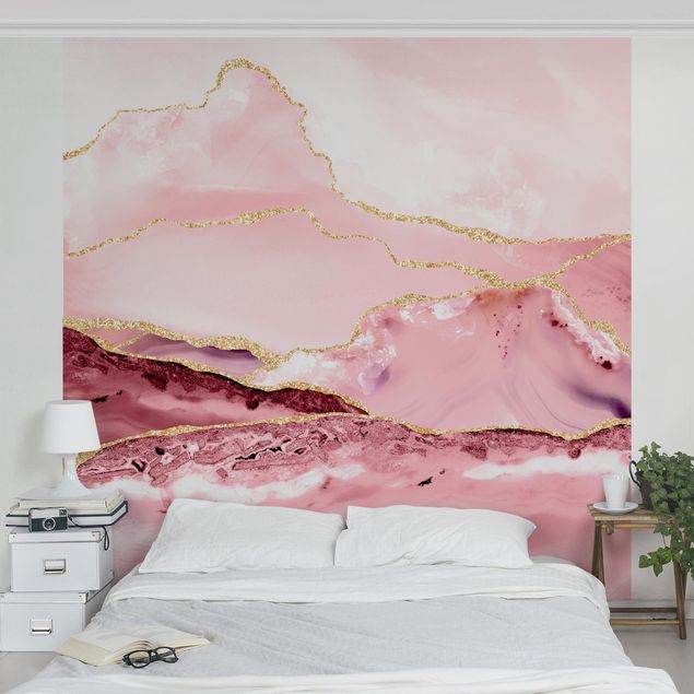 Küchen Deko Abstrakte Berge Rosa mit Goldenen Linien