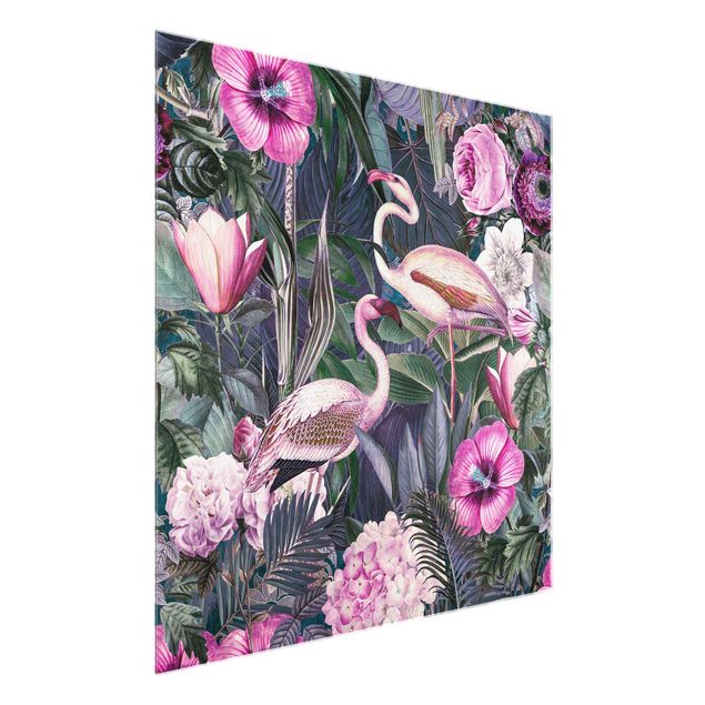 Blumen Glasbilder Bunte Collage - Pinke Flamingos im Dschungel