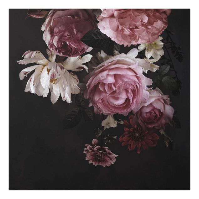 Wandbilder Floral Rosa Blumen auf Schwarz Vintage