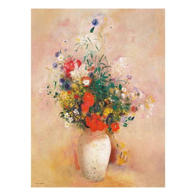 Glasbilder Blumen Odilon Redon - Vase mit Blumen (rosenfarbener Hintergrund)