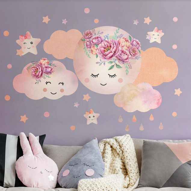 Kinderzimmer Deko Aquarell Mond Wolken und Sterne mit Rosen