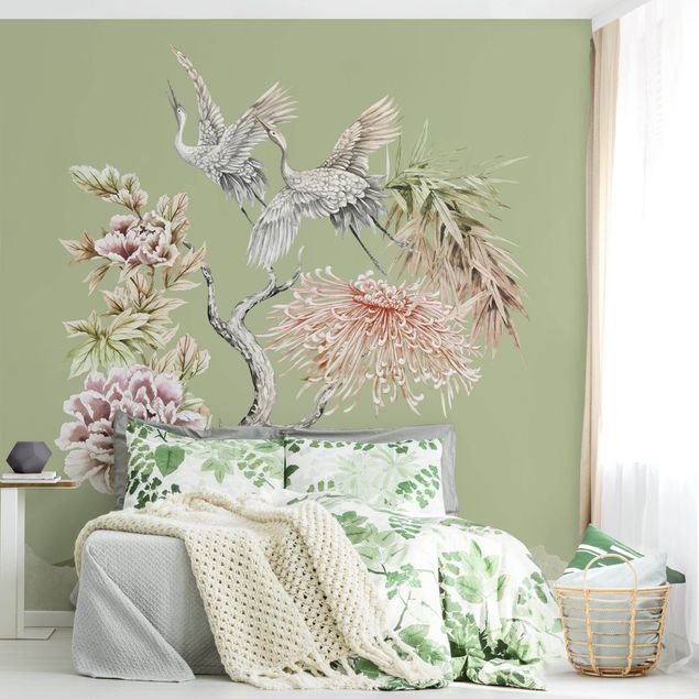 Wanddeko Küche Aquarell Störche im Flug mit Blumen auf Grün
