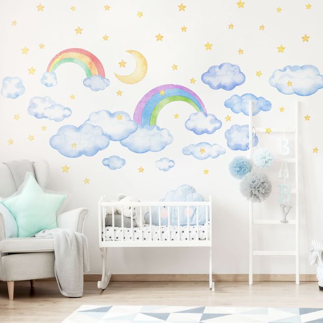 Babyzimmer Deko Aquarell Wolken Regenbogen Sterne Set