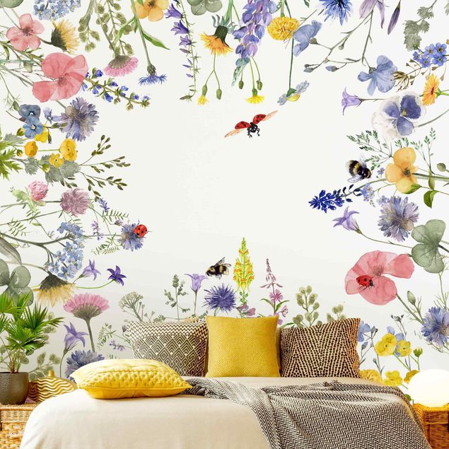 Wanddeko Küche Aquarellierte Blumen mit Marienkäfern