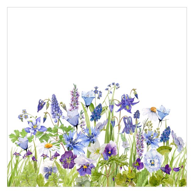 Fototapete kaufen Aquarellierte Blumenwiese in Blau