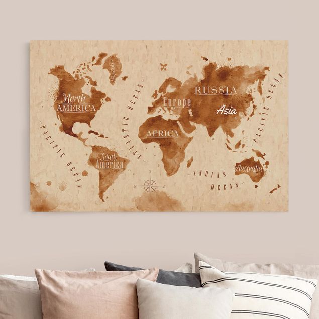 Wandbilder Weltkarten Aquarelloptik Weltkarte beige braun