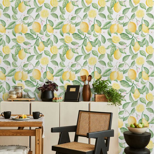 Wanddeko Küche Aquarell Zitronen und Blüten Muster