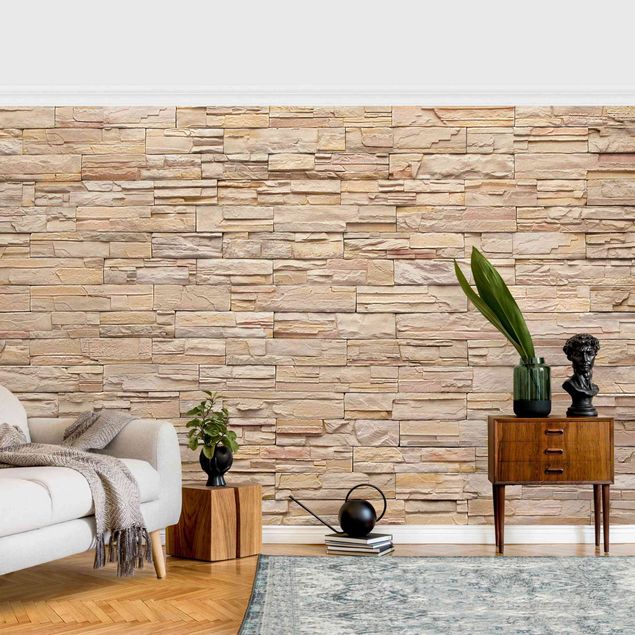 Wanddeko Küche Asian Stonewall - Große helle Steinmauer aus wohnlichen Steinen