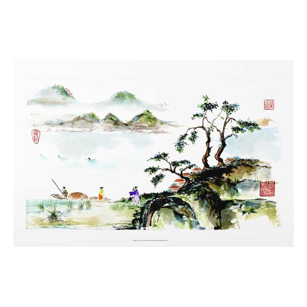 Wandbilder Glas Natur Japanische Aquarell Zeichnung See und Berge