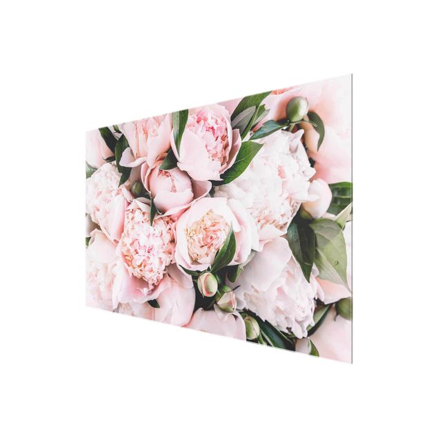 Wandbilder Blumen Rosa Pfingstrosen mit Blättern