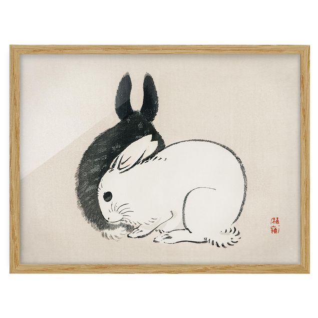 Gerahmte Bilder Tiere Asiatische Vintage Zeichnung Zwei Häschen