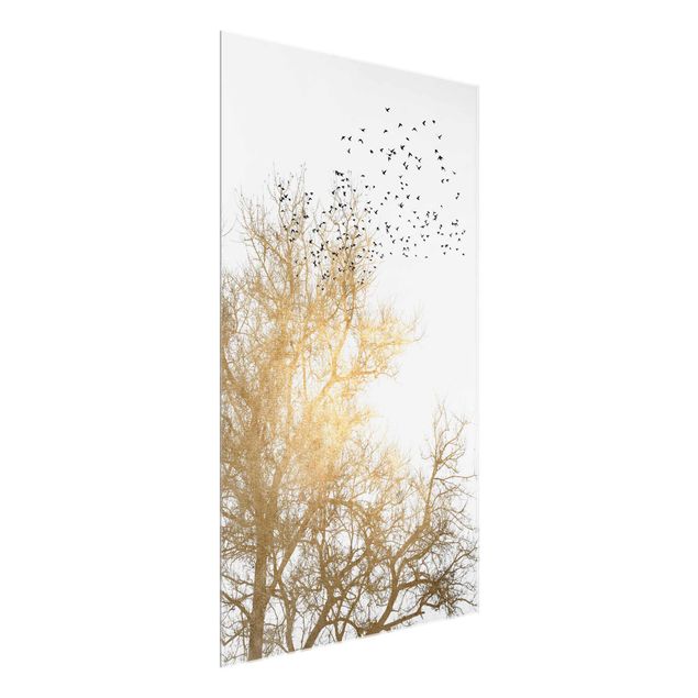 Glasbilder Landschaften Vogelschwarm vor goldenem Baum