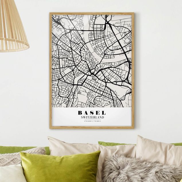 schwarz-weiß Bilder gerahmt Stadtplan Basel - Klassik