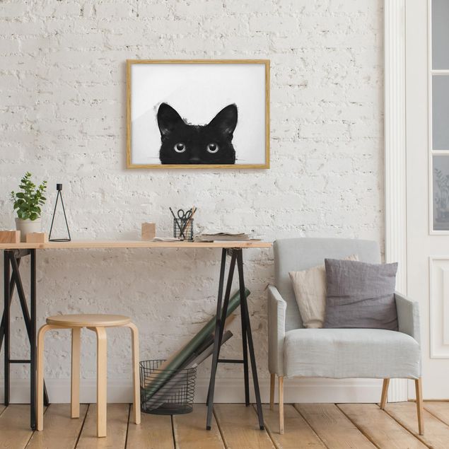 schwarz-weiß Bilder gerahmt Illustration Schwarze Katze auf Weiß Malerei