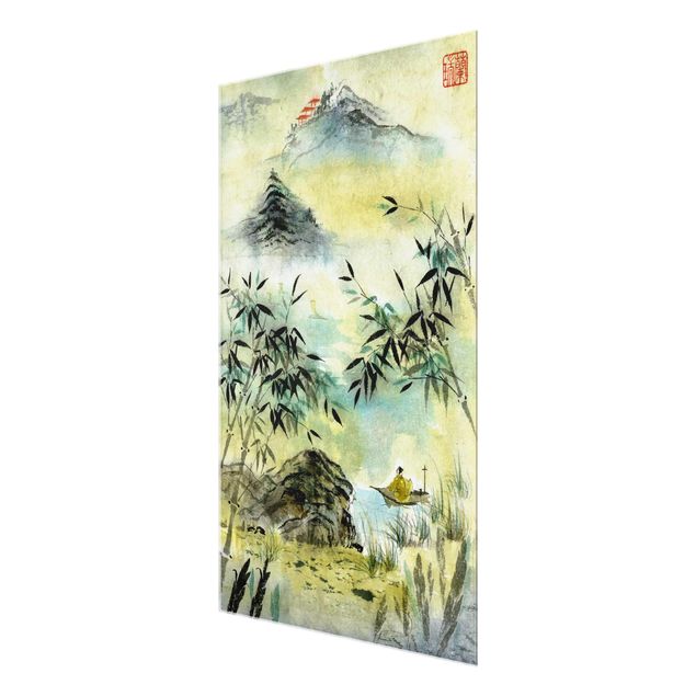 Wandbilder Berge Japanische Aquarell Zeichnung Bambuswald