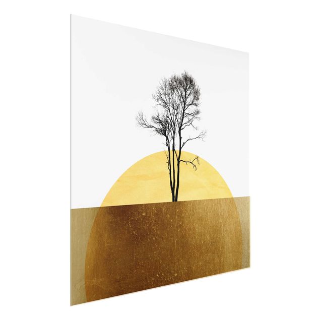 Glasbilder Landschaften Goldene Sonne mit Baum
