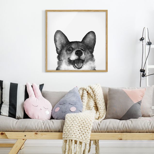 Wandbilder Hunde Illustration Hund Corgi Weiß Schwarz Malerei