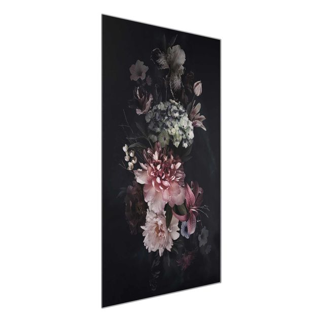 Glasbilder Blumen Motive Blumen mit Nebel auf Schwarz