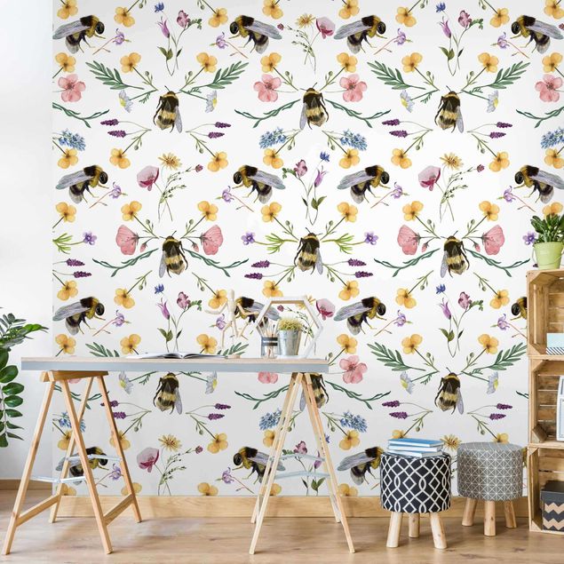 Wanddeko Küche Bienen mit Blumen