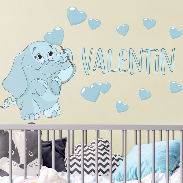 Babyzimmer Deko Blauer Babyelefant mit vielen Herzen