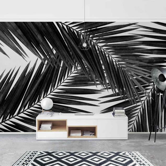 Wanddeko Küche Blick durch Palmenblätter Schwarz-Weiß
