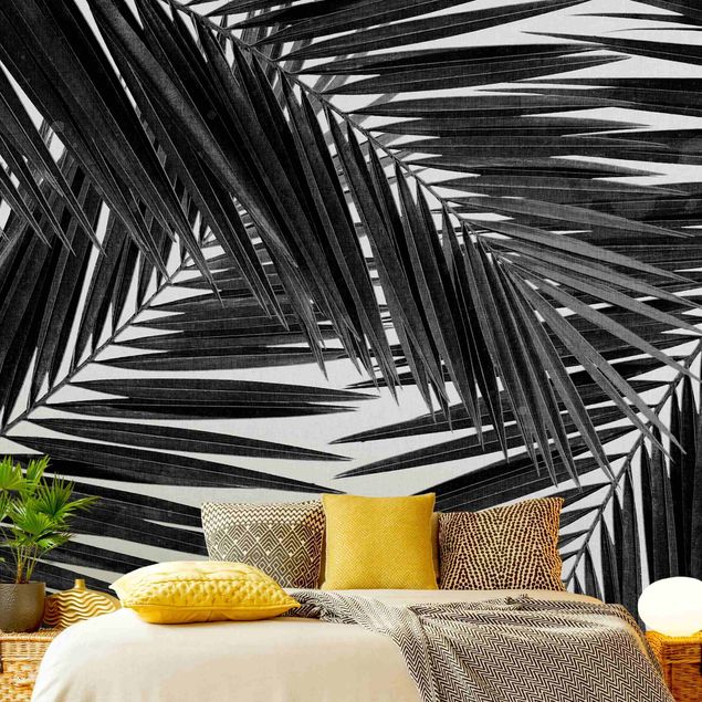 Tapeten Modern Blick durch Palmenblätter schwarz weiß
