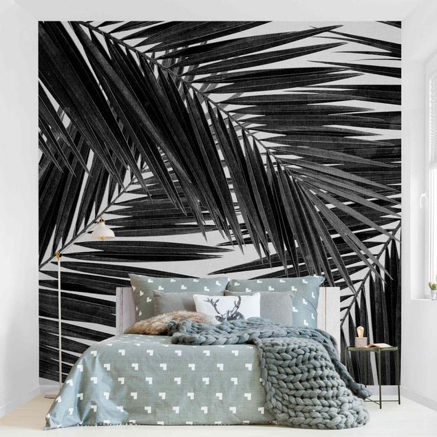 Schwarz-Weiß Tapete Blick durch Palmenblätter schwarz weiß