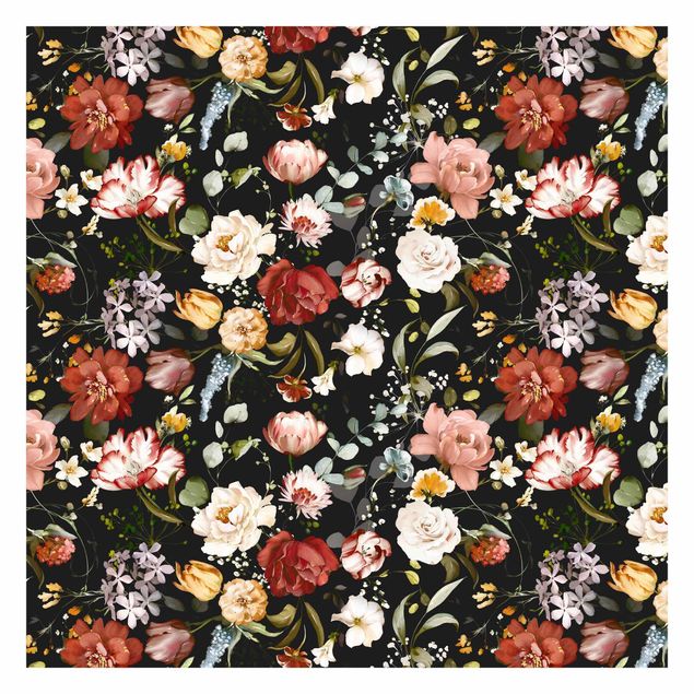 Foto Tapete Blumen Aquarell Vintage Muster auf Schwarz
