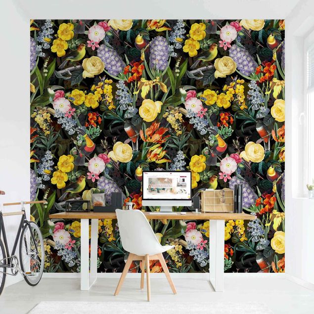 Wanddeko Küche Blumen mit Tropischen Vögeln Bunt