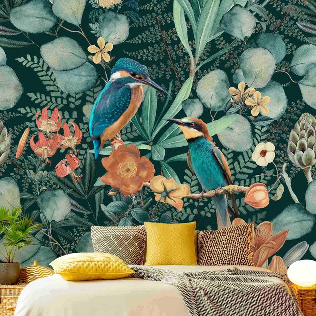 Wanddeko Küche Blumenparadies Eisvogel und Kolibri
