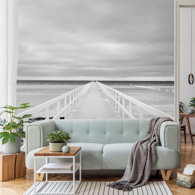 Fototapete Meer Brücke in Schweden Schwarz-Weiß