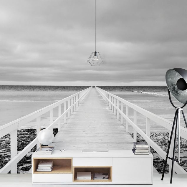 Fototapete Meer Brücke in Schweden Schwarz-Weiß