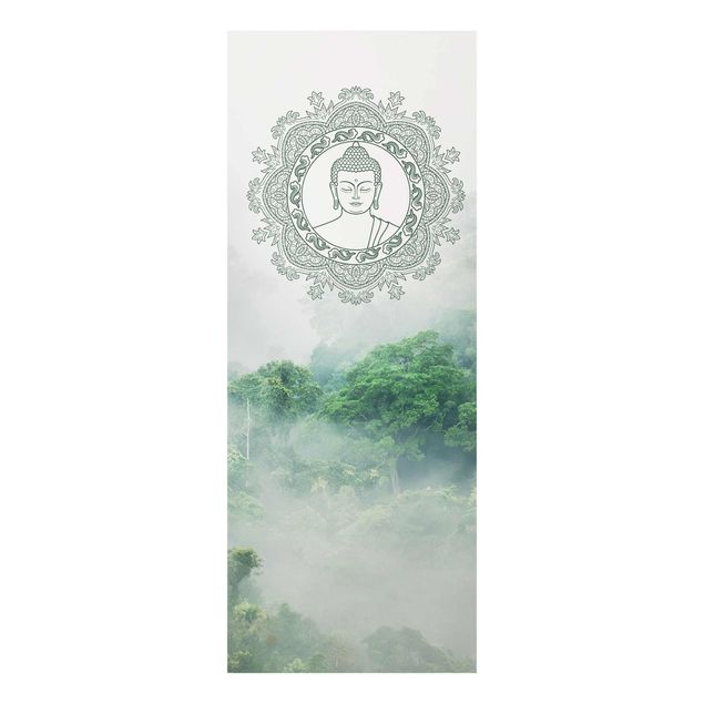 Glasbild Stadt Buddha Mandala im Nebel