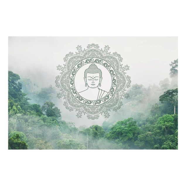 Glasbild Skyline Buddha Mandala im Nebel