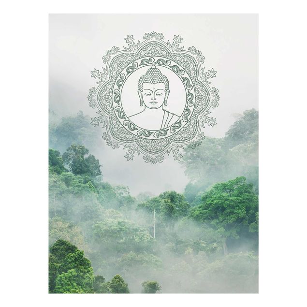 Glasbild Stadt Buddha Mandala im Nebel