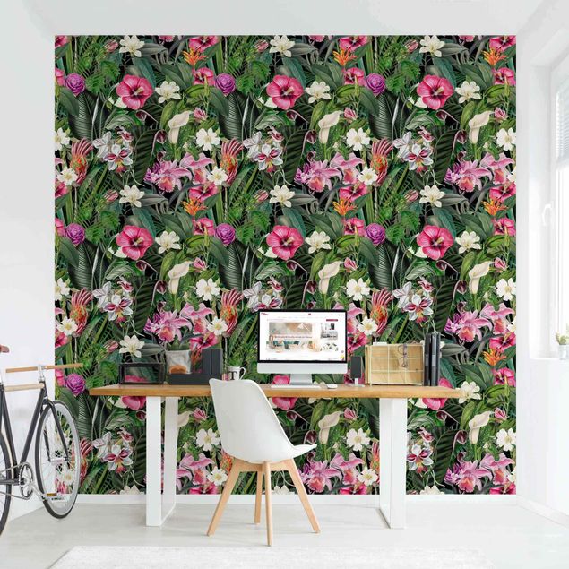 Tapeten Modern Bunte tropische Blumen Collage