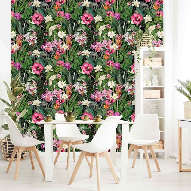 Tapete Blumen Bunte tropische Blumen Collage