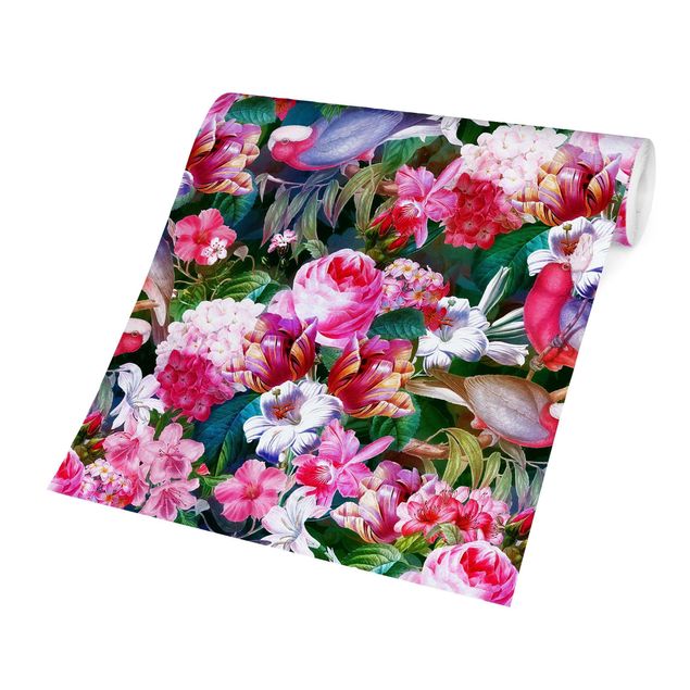 moderne Fototapete Bunte Tropische Blumen mit Vögeln Pink