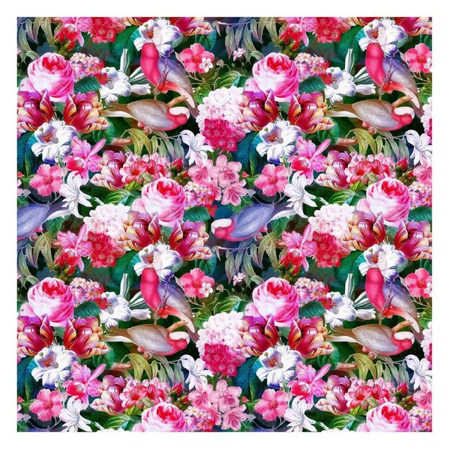Fototapete Blumen Bunte Tropische Blumen mit Vögeln Pink
