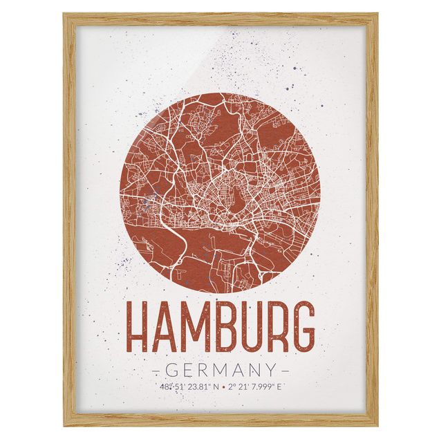Weltkarten mit Rahmen Stadtplan Hamburg - Retro