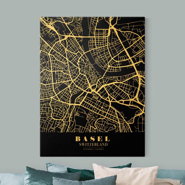 Wandbilder Weltkarten Stadtplan Basel - Klassik Schwarz