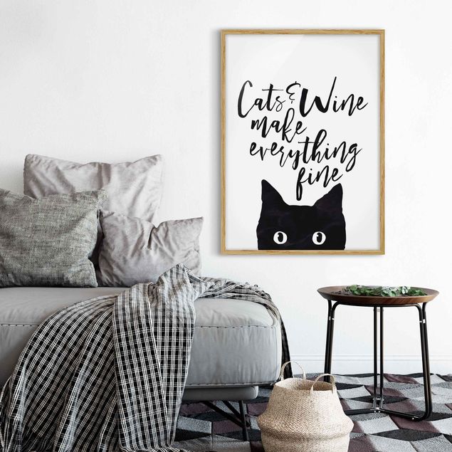 schwarz-weiß Bilder mit Rahmen Cats and Wine make everything fine