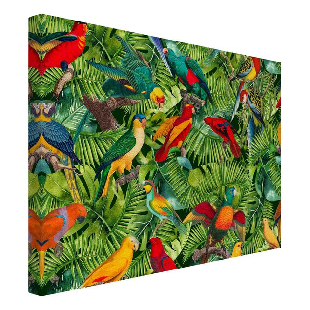 Leinwand Blumen Bunte Collage - Papageien im Dschungel